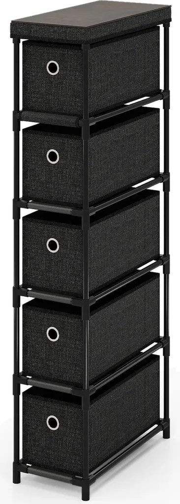 Tour de rangement étroite noire à 5 tiroirs en métal - Hauteur 95cm