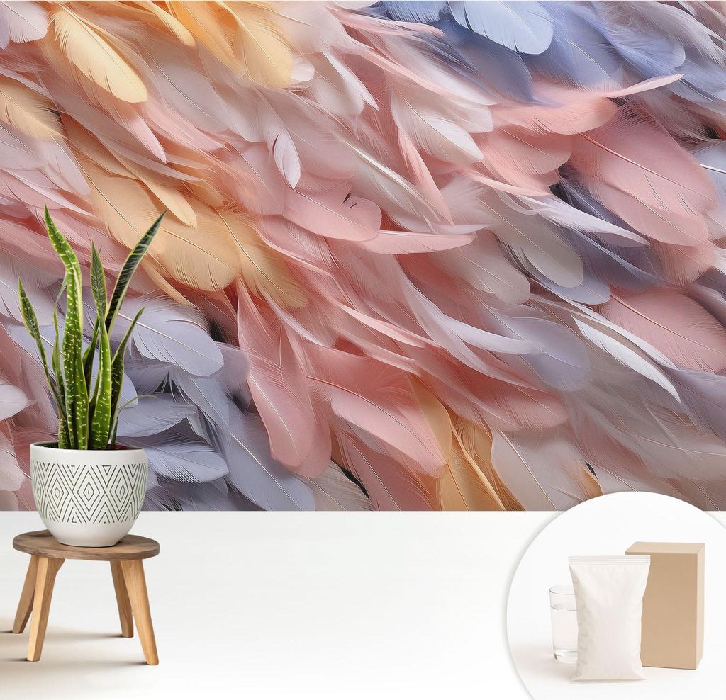 Fototapete - 208x146 cm - Tapete - Wandtapete - Wandbilder - Dekofolie - Tapete Folie - Wand - Dekoration - Wohnzimmer - Pastellfarbene Federn