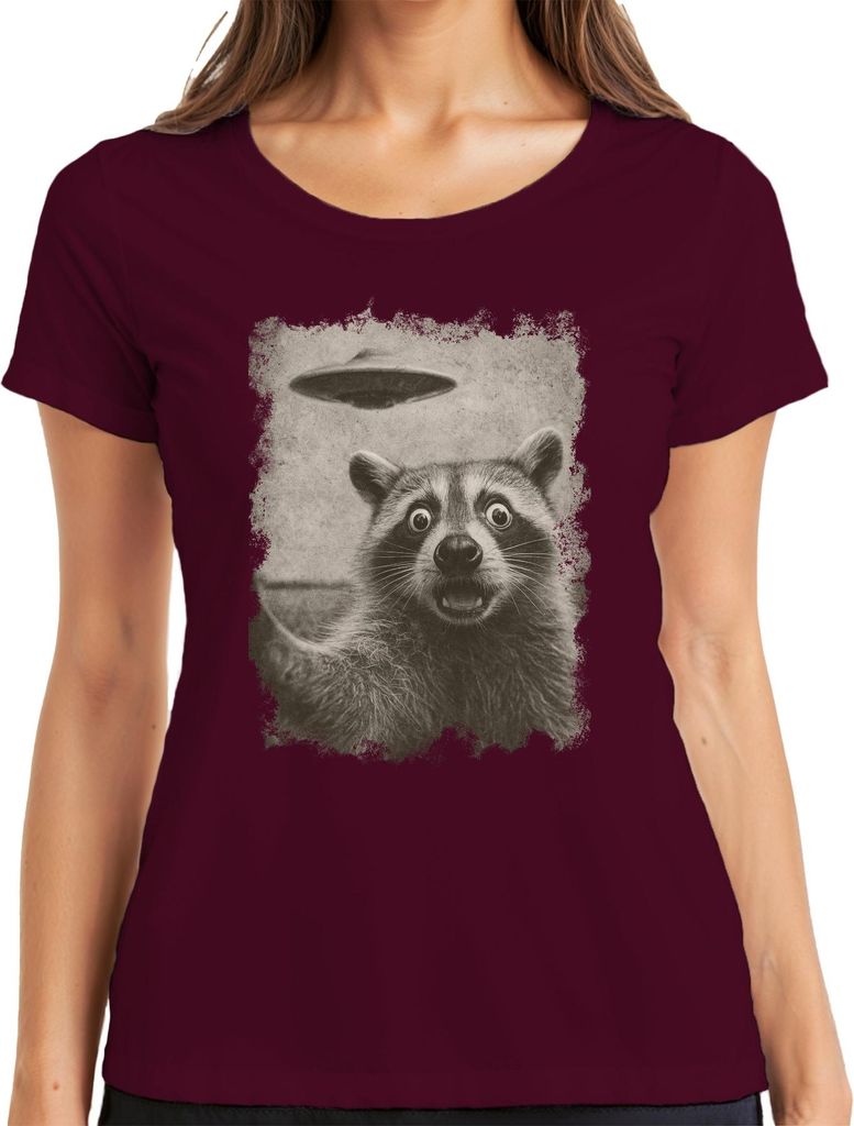 Waschbär UFO Vintage retro Alien lustig SciFi Weltraum sepia Damen T-Shirt, Burgundy, XL