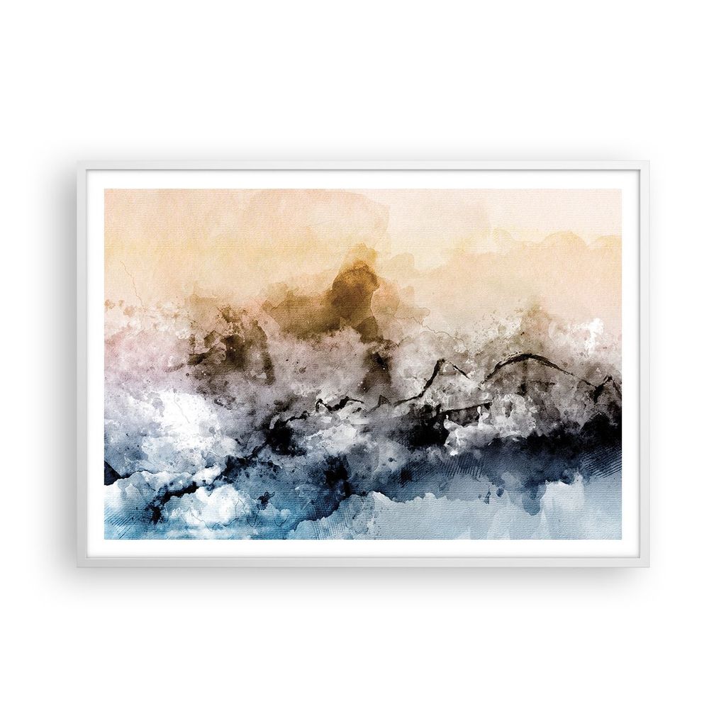 Gerahmtes Poster - Weißer Rahmen - Abstraktion Wolken Berge - 100x70 cm - Wand Bild - Wanddeko - Wandbilder - Kunstposter - Wandposter - Bilderrah...