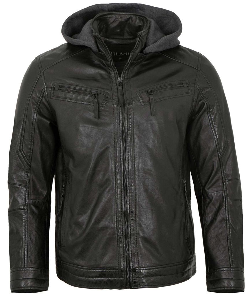 Jilani - Herren Lederjacke Kapuze Lammnappa schwarz : 60