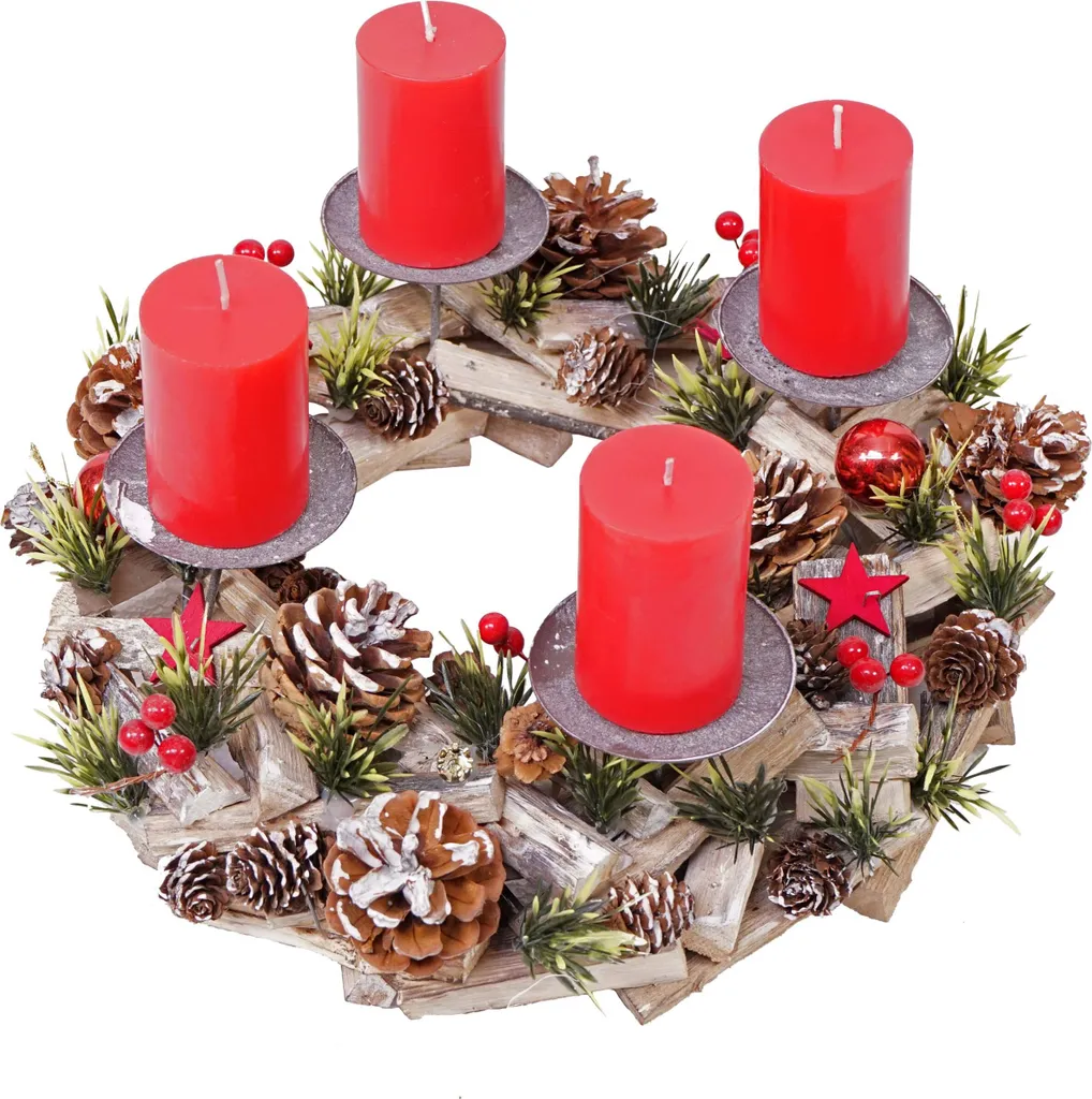Ghirlanda Avvento Legno FSC Ø 33cm con Candele Rosse - HWC-H50