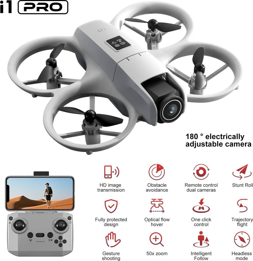 Drone avec Caméra 4K, Moteur Brushless, Évitement d'Obstacles, WiFi, Transmission 5G, Allumage/Extinction, Vrille 360°, Pliable, 2 Batteries, Cadeau pour Enfants, Gris et Argent