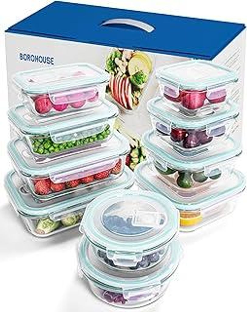 10-teiliges Glasbehälter Set mit Deckel - Meal Prep Boxen aus Borosilikatglas, ofen- & mikrowellengeeignet (-20°C bis 510°C), luftdicht