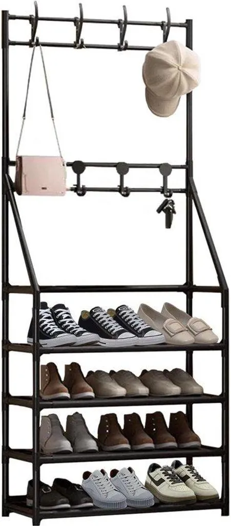 Porte-chaussures 2-en-1 avec porte-crochets en bois, design gain de place