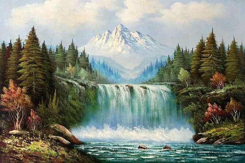 Malen nach Zahlen Landschaft mit Wasserfall und Bergen 50 x 40 cm mit Rahmen