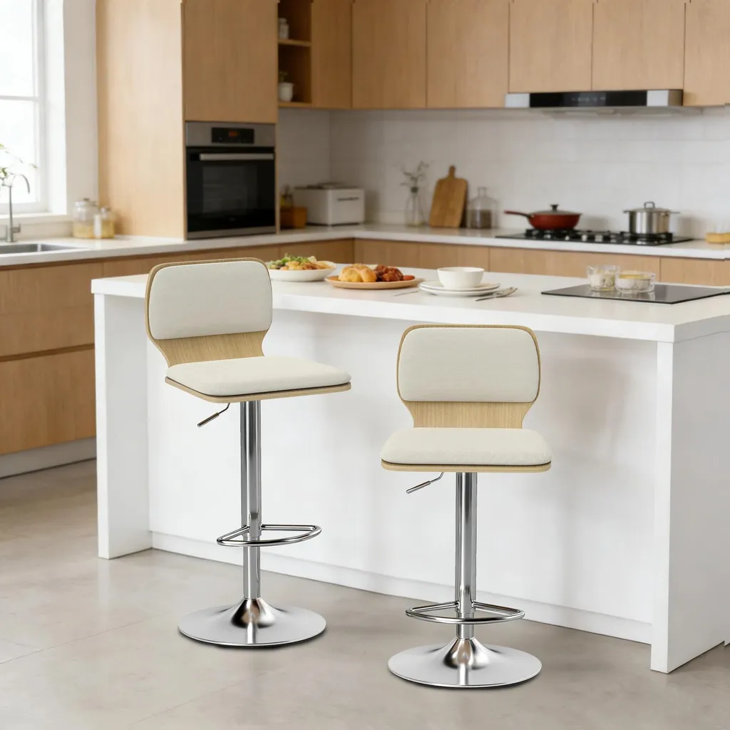 Tabourets de Bar Confortables en Lin avec Dossier et Base Stable Beige