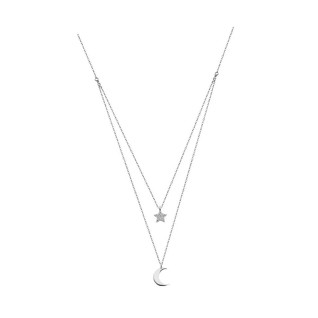 Collier Argent Femme Anti-Allergique Zirconia Lune et Étoile Lotus
