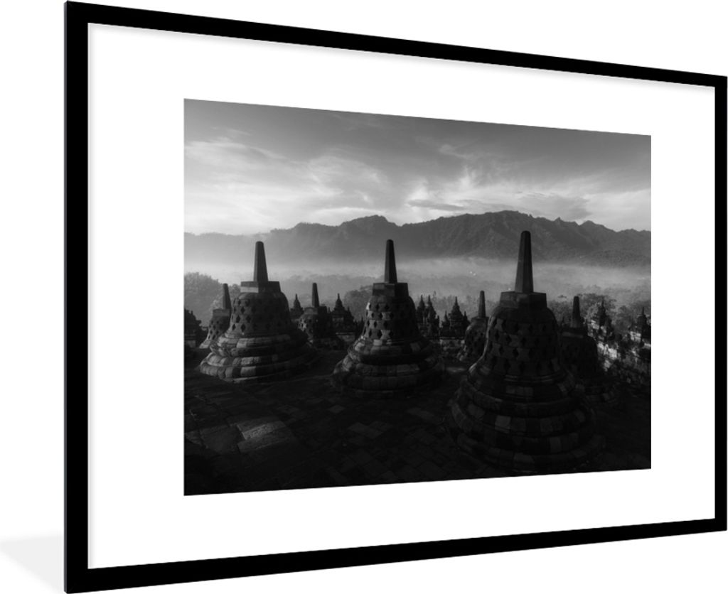 MuchoWow MuchoWow Gerahmtes Poster Indonesien - Nebel - Schwarz - Weiß 90x60 cm - Poster mit zchwarzem Bilderrahmen - Wanddekoration - Fotos