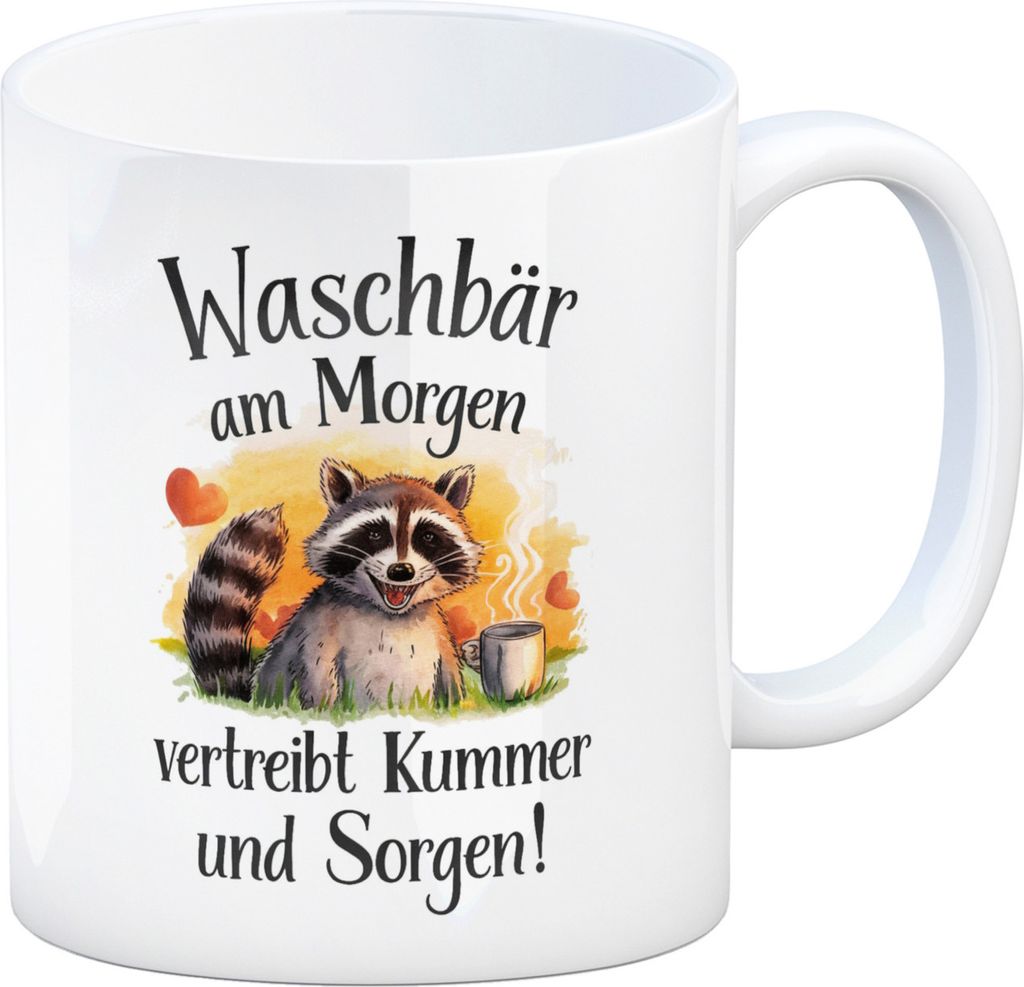 Glücklicher Waschbär mit Tasse Kaffeebecher Waschbär am Morgen