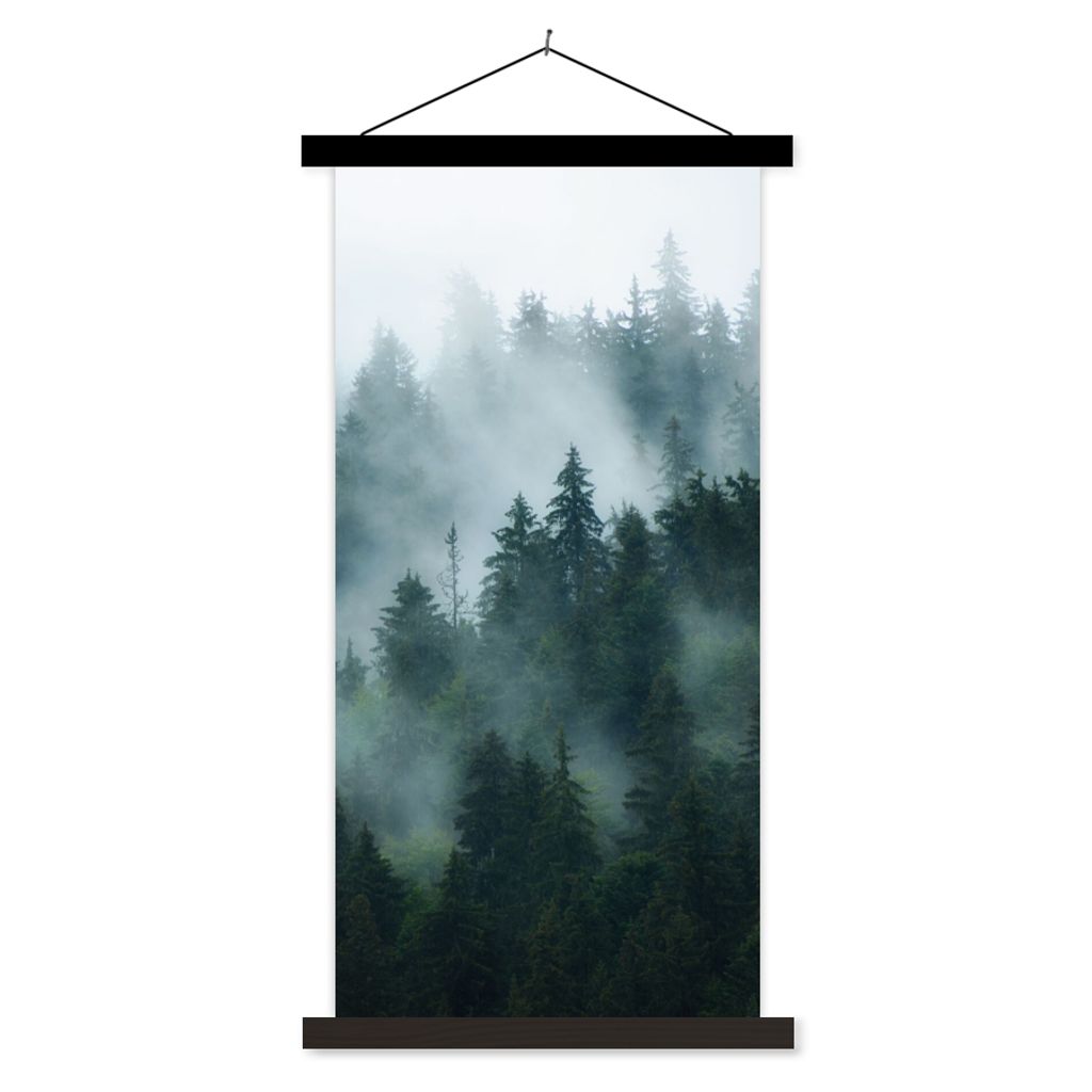 MuchoWow Textilposter Nebel - Bäume - Wald 40x80 cm mit schwarzem Rahmen - Wandemalerei