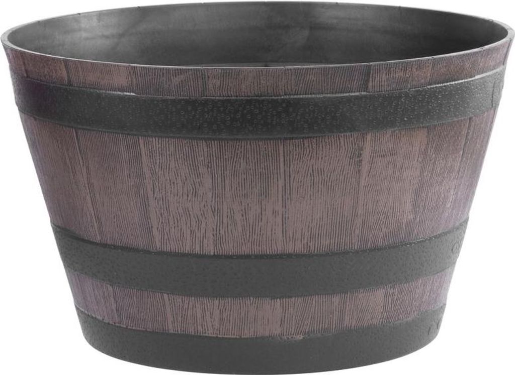 A brown planter with a wood-like texture and black bands, designed to resemble a barrel.