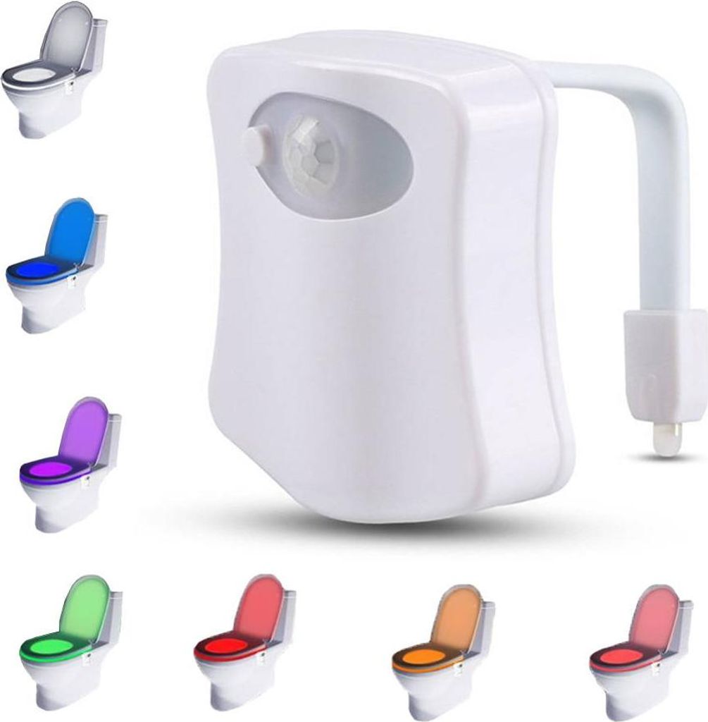 A main product image of a toilet light with motion sensor, surrounded by smaller images of toilets with different colored seats.