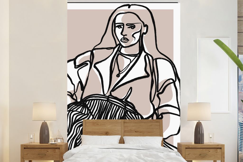 MuchoWow Fototapete für Wohnzimmer oder Schlafzimmer Wandtapete Vinyl Motivtapete Porträt - Frau - Strichzeichnung - Pastell - 200x300 cm - Wan...
