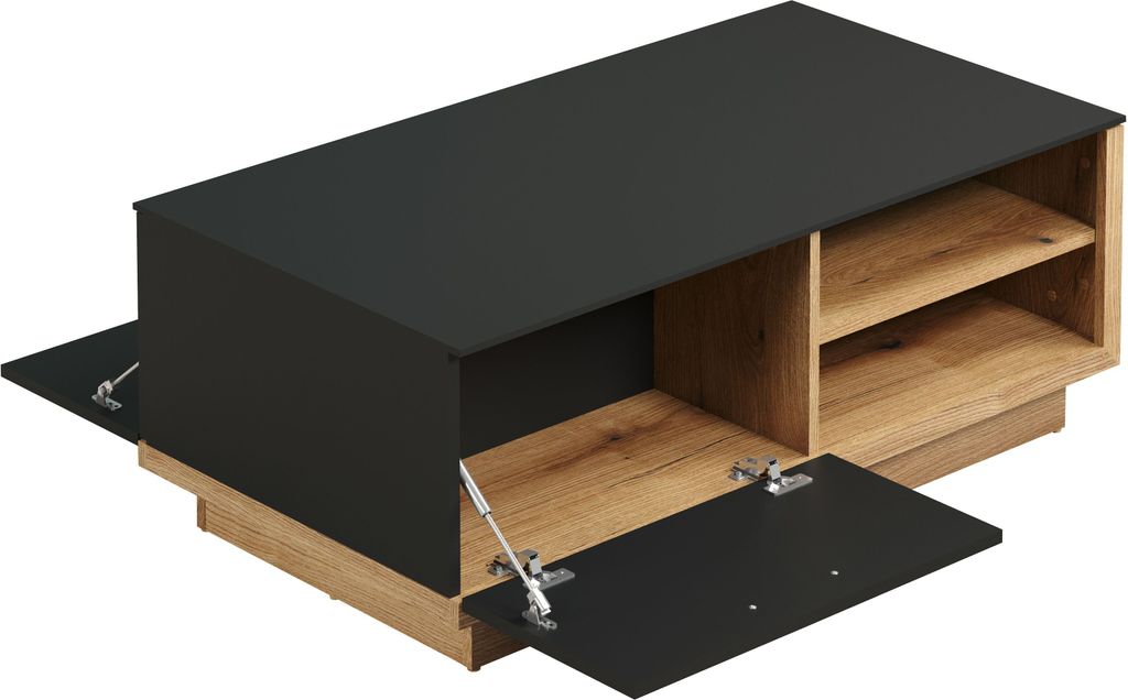 A modern coffee table with black and wood-grain finishes, shown with its front doors open.