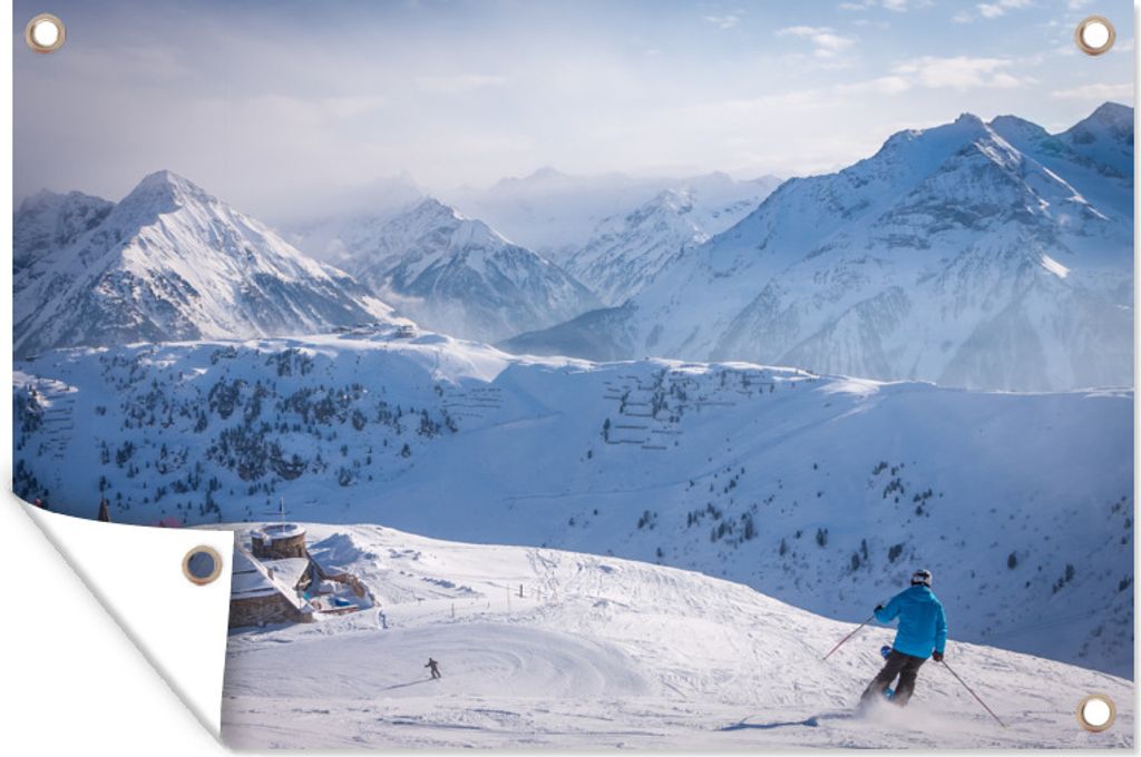 MuchoWow 90x60 cm Outdoor-Poster Gartendeko Sichtschutz Garten Poster für den Garten Luftaufnahme eines Skifahrers im Bundesland Tirol, Österr...