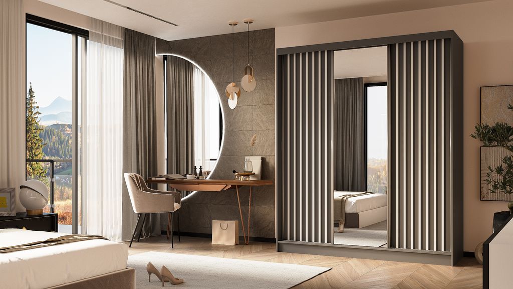 ALTDECOR Kleiderschrank mit Spiegel und Schiebetüren, kugelgelagerte Führungsschienen und Aluminium-Leisten, LED-Beleuchtung (weiß + 16 Farben) ...