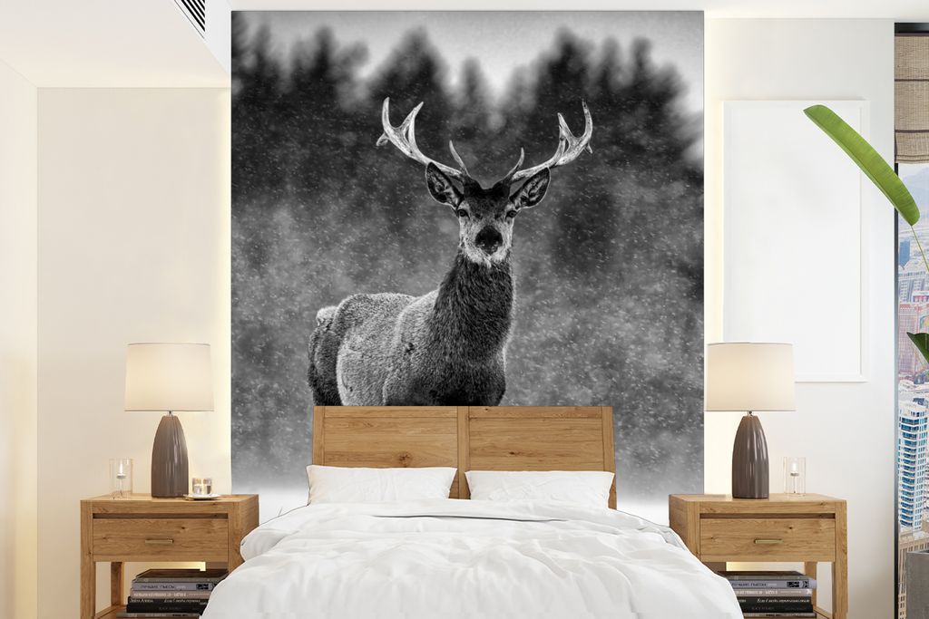 MuchoWow Fototapete für Wohnzimmer oder Schlafzimmer Wandtapete Vinyl Motivtapete Tiere - Hirsche - Winter - Schwarz - Weiß - 175x240 cm - Schl...