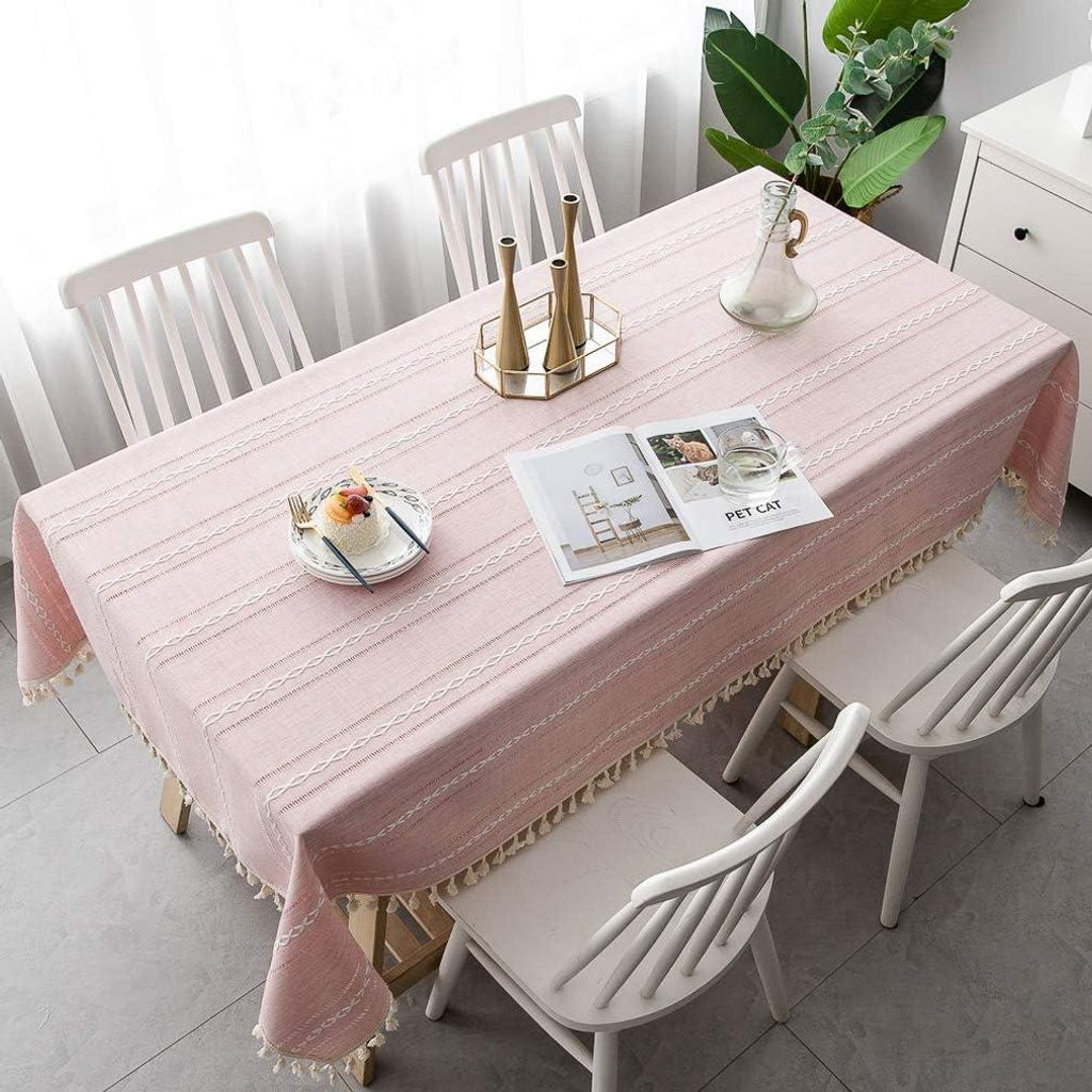 Tischdecke - wasserdicht - aus Baumwolle - weich - atmungsaktiv und Leinen - waschbar für Esstisch Picknickfeier gestreift - rosa rechteckig - gro...