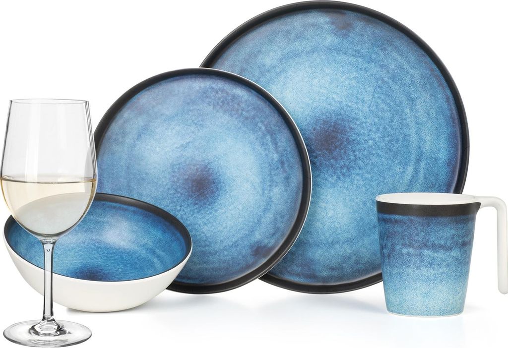 Melamin Camping Geschirr Set 4 Personen Deep Ocean + 4 Tiamo Weiß Weingläser Tafelgeschirr Picknick BBQ Kochgeschirr