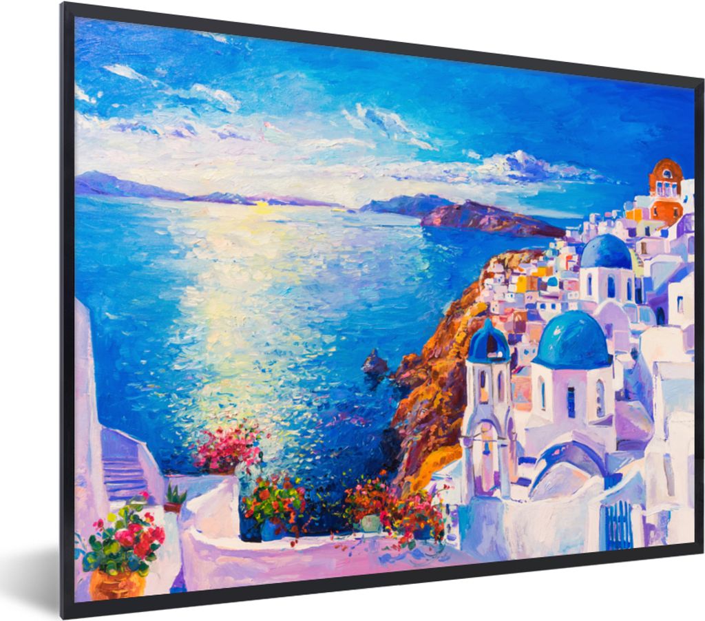 MuchoWow Gerahmtes Poster Malerei - Griechenland - Wasser - Öl 40x30 cm - Poster mit Schwarzem Bilderrahmen Wandposter Rahmen Foto Bilder - Kuns...