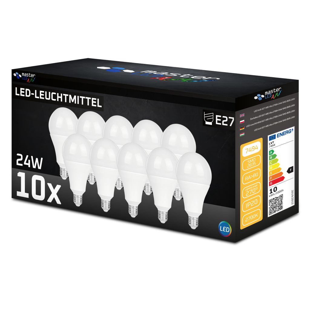 MasterLED E27 A95 LED Vita - 24W 2000lm - Leuchtmittel - 2700K Warmweiß – 10er Set