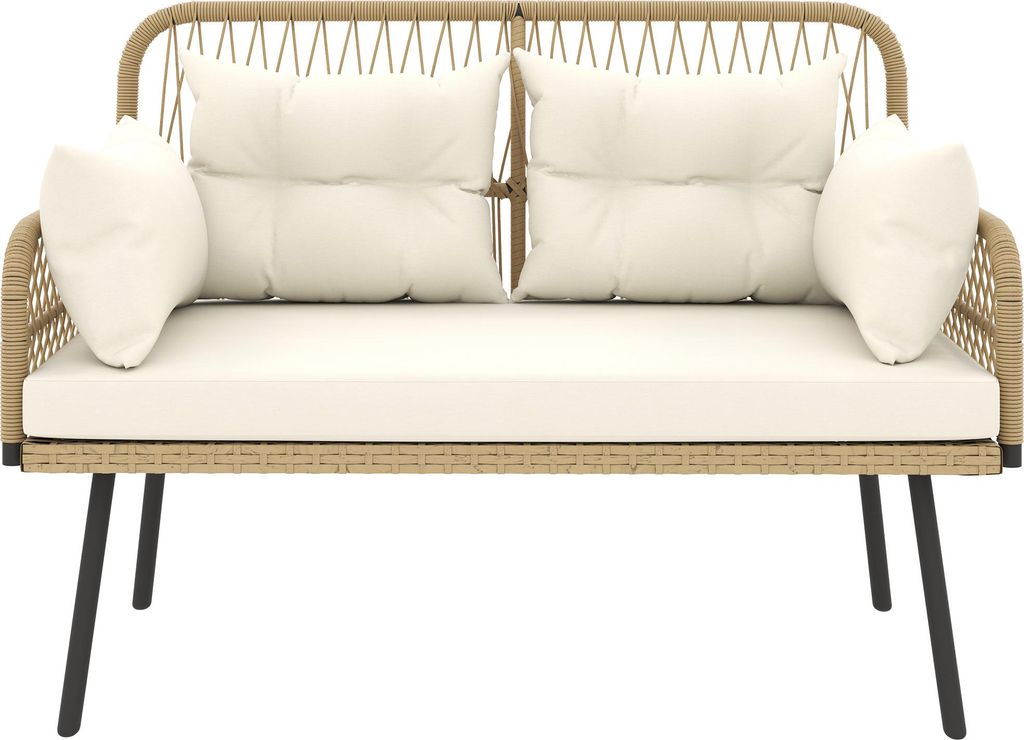 Gartensofa mit Kissen 2-Sitzer Sofa Outdoor Balkon Sofa Rattansofa Polyrattan 115 x 61 x 82 cm Naturholz