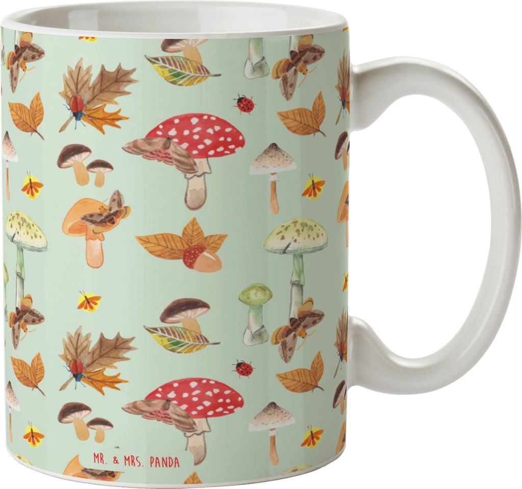 Mr. & Mrs. Panda Tasse Herbst Pilze - Grün - Geschenk, Kaffeetasse, Wald, Frühstückstasse, Keramiktasse, Schmetterlings Muster, Herbstwald, Kaff...