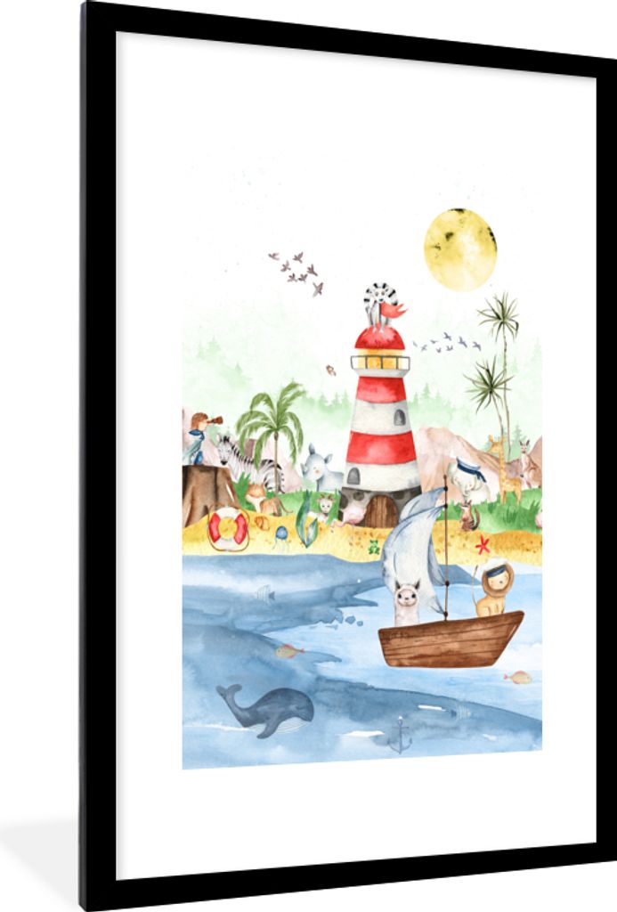 MuchoWow Gerahmtes Poster Strand - Tiere - Kinder - Leuchtturm - Jungen 60x90 cm - Poster mit Schwarzem Bilderrahmen Wandposter Rahmen Foto Bilde...