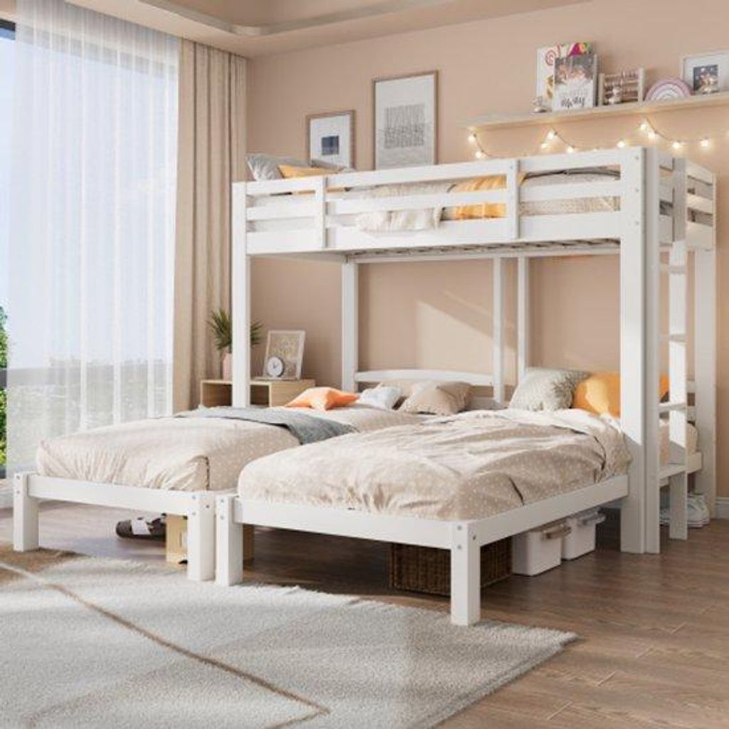 Drei Personen Bett, drei Personen Stapelbett mit Seitenleiter für Kinder und Jugendliche, weiß (90x200cm)