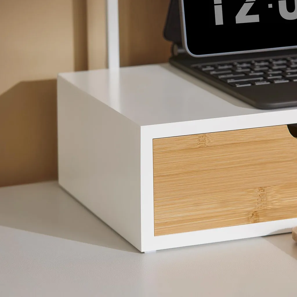 Support Écran PC Ergonomique Blanc pour Télétravail avec Rangements - 5