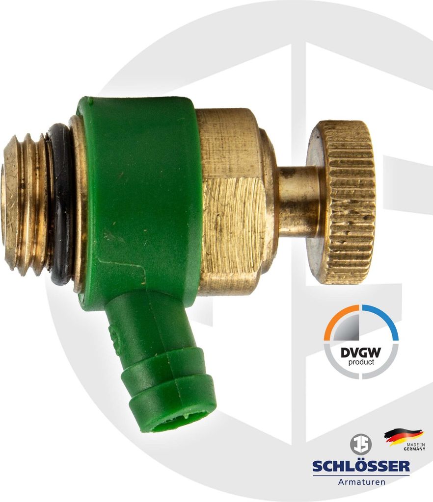 Close-up of a brass and green fitting, with watermarks and logos in the background.
