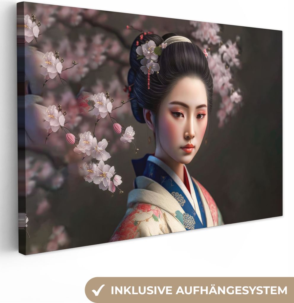 MuchoWow - Leinwandbilder - Frau - Sakura - Kimono - Asiatisch - Porträt, Wandbild, Wanddeko Bilder Wohnzimmer, 30x20 cm
