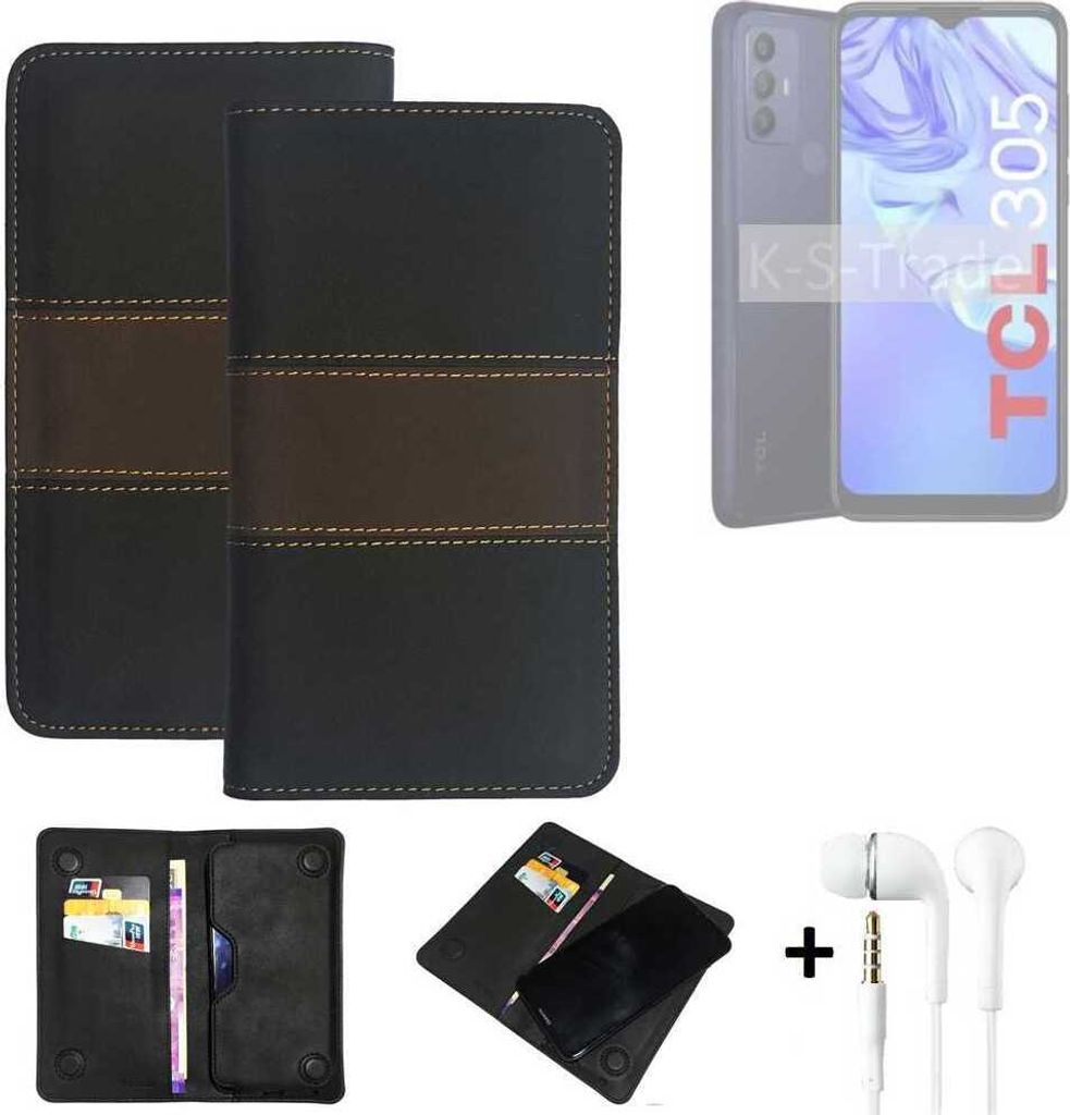 K-S-Trade Handyhülle + Kopfhörer kompatibel mit TCL 305 Schutzhülle Walletcase Bookstyle Tasche Schutz Case Hülle Wallet Cover Kunstleder
