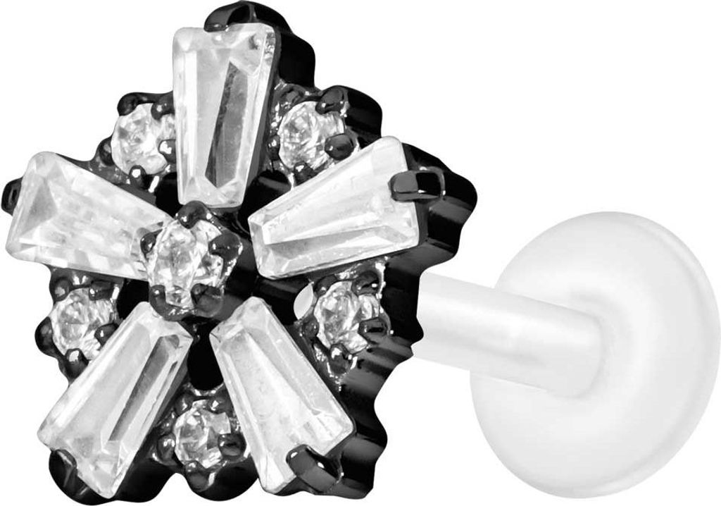 Ohrpiercing, Nasenpiercing PTFE Labret mit Innengewinde + Titan-Aufsatz SCHNEEFLOCKE Schwarz Stablänge: 9mm | Stabstärke: 1,2mm