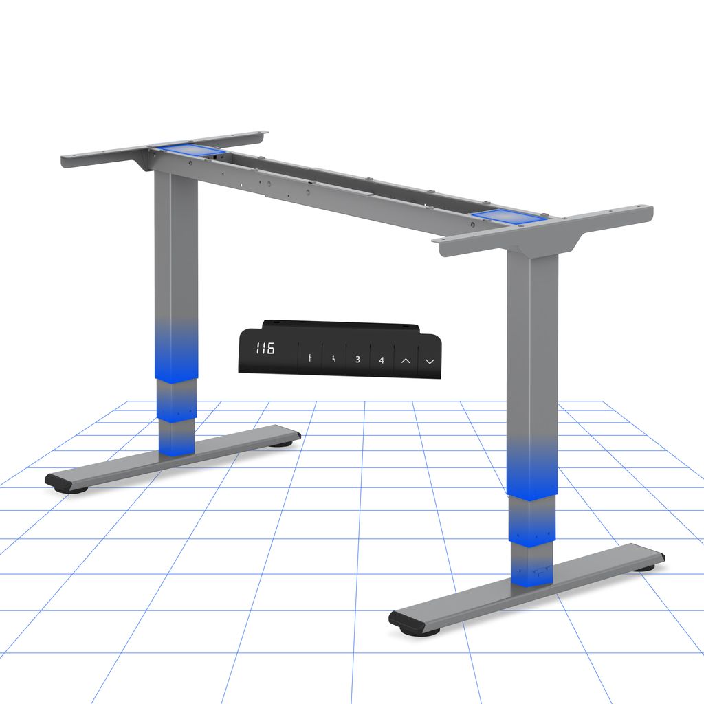 A 3D rendering of an adjustable desk frame on a grid background.