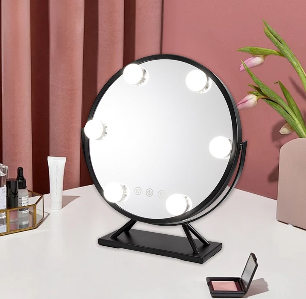 Kosmetikspiegel, Touch Steuerung, Beleuchtung Schminktischspiegel mit 6 Dimmbare LED, 3 Farbtemperatur Licht, 360° drehbar, Schwarz