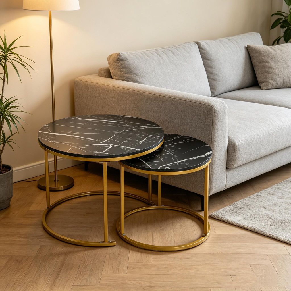 Couchtisch Rund aus Holz,Satztisch 2er Set,Imitation Marble Produktbild 