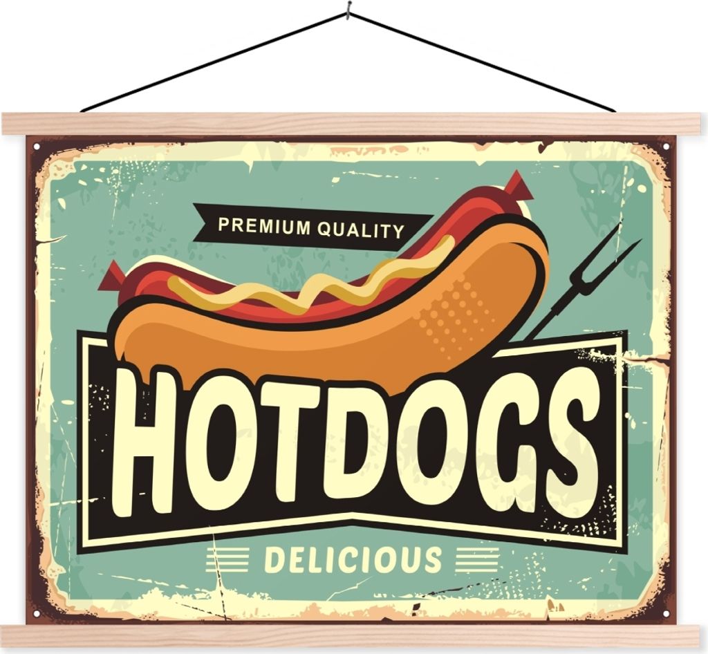 MuchoWow Textilposter Hotdog - Jahrgang - Illustration 120x90 cm mit holzfarbenen Rahmen - Magnetisch