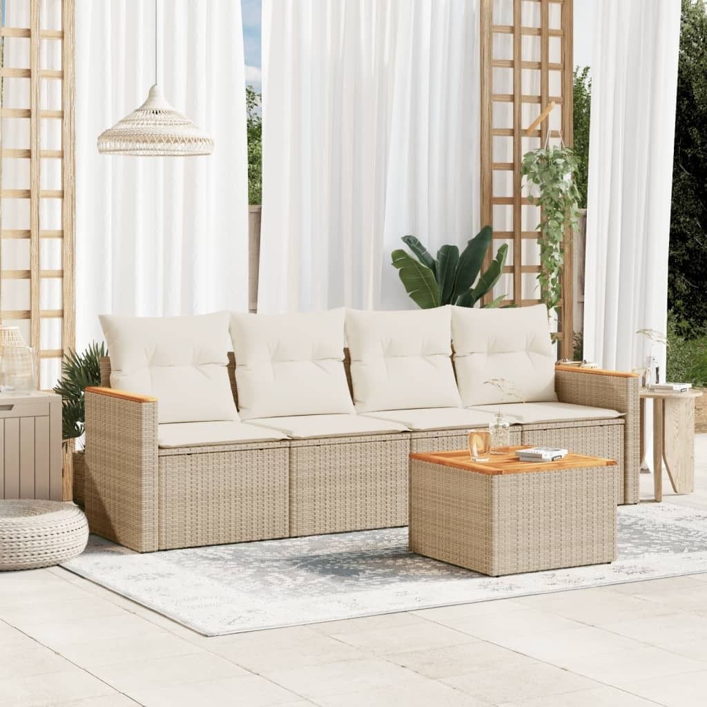 Design 5-tlg. Garten-Sofagarnitur mit Kissen Beige Poly Rattan, Gartenmöbel-Sets 2024 Neu