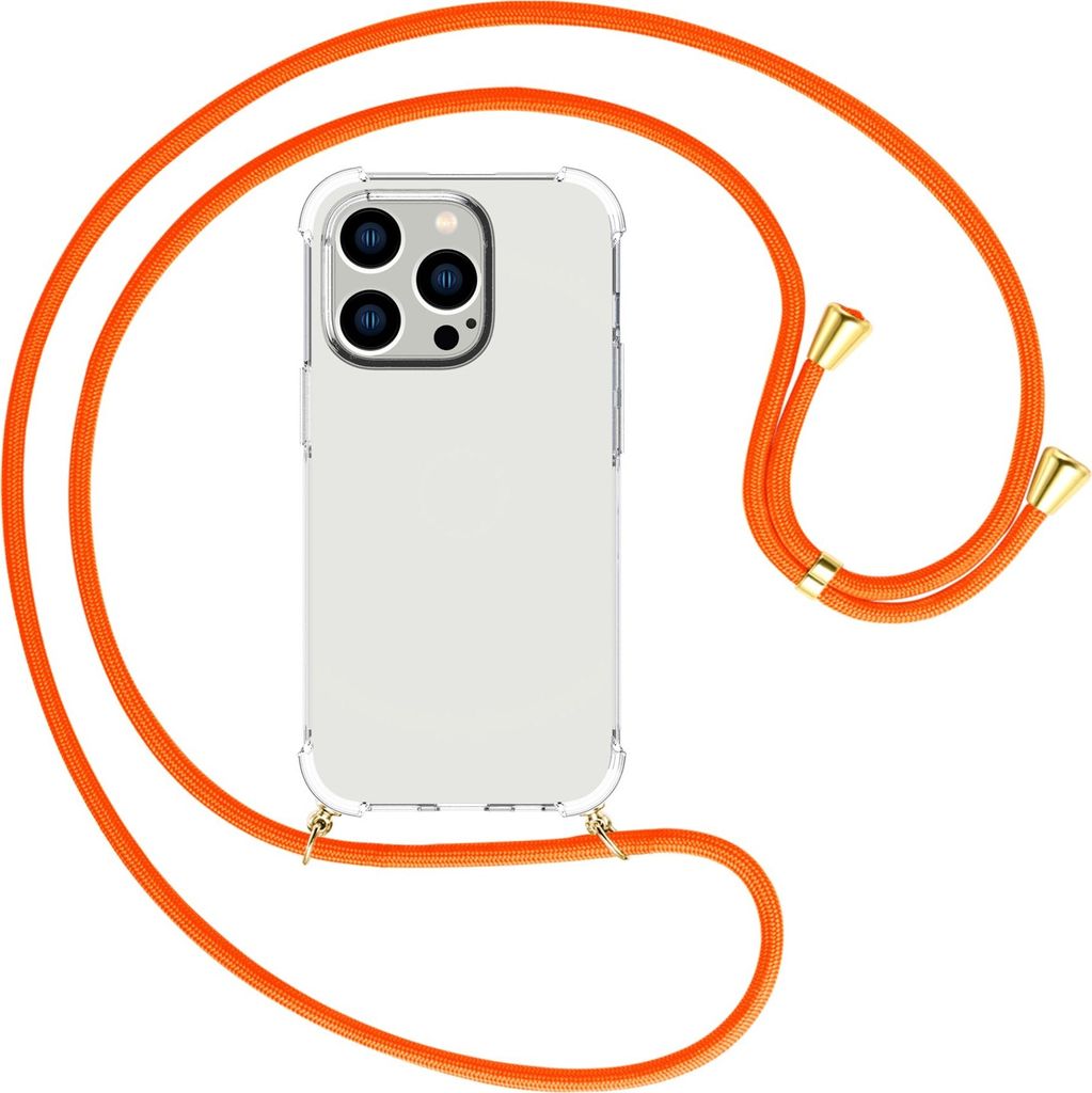 Handykette Backcover-Schutzhülle mit Band (Metall goldfarben) für Apple iPhone 15 Pro Max - neonorange