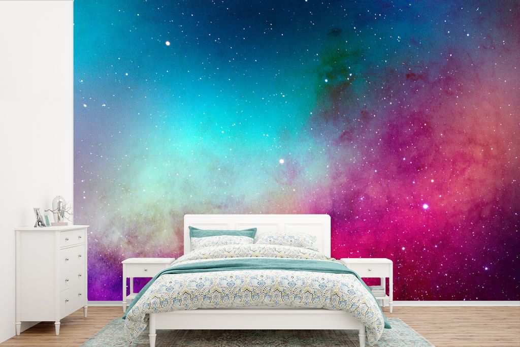 MuchoWow Fototapete für Wohnzimmer oder Schlafzimmer Wandtapete Vinyl Motivtapete Aquarell - Sternenhimmel - Rosa - Blau - 360x240 cm - Vinyl-Ta...