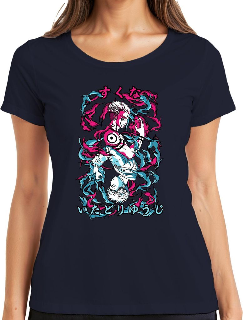 Jujutsu Kaisen Itadori Yuji Sukuna Anime Ästhetik düster Flammen Damen T-Shirt, Navy, L