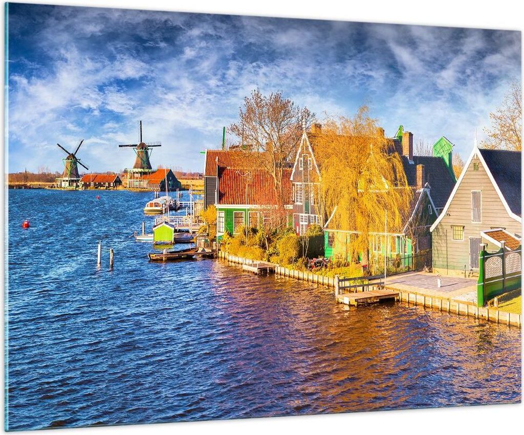Bilder auf glas - Landschaft Windmühle Wasser Dorf - 100x70cm - Glasbilder - Wandbilder - Kunstdruck - zum Aufhängen bereit - Wanddekoration aus ...