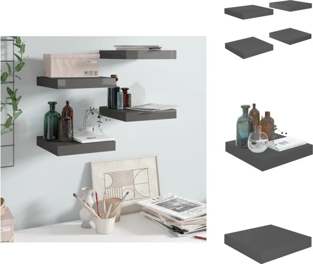vidaXL Mensole Galleggianti 4 pz Grigio Lucido 23x23,5 MDF | Arredo Muro - 1