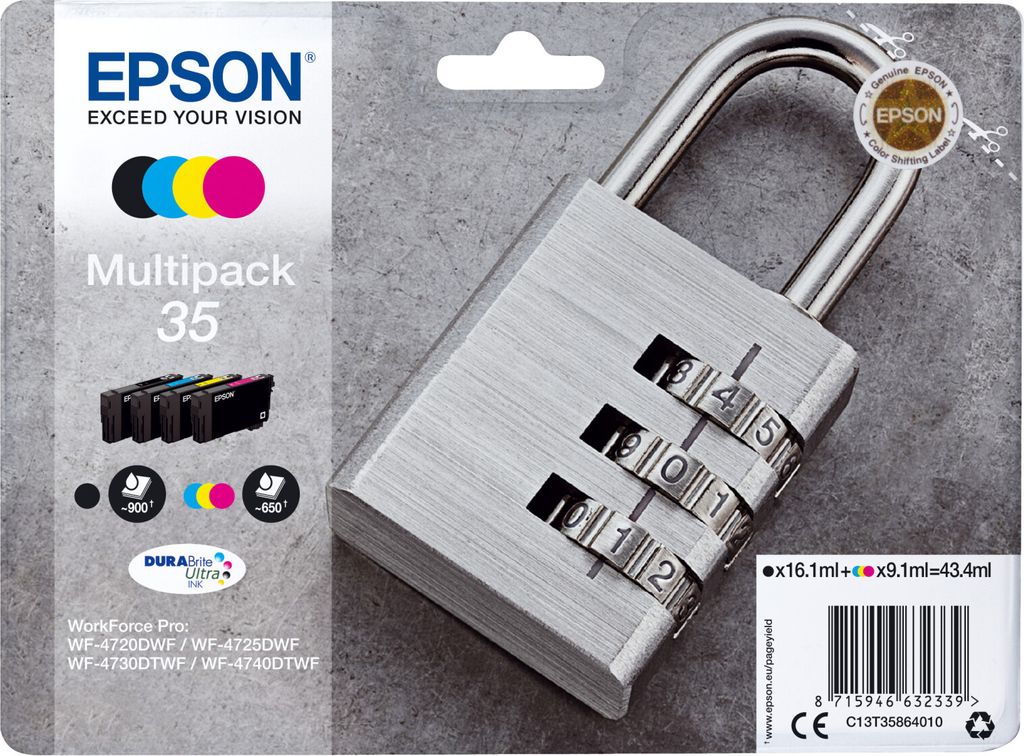 A multipack of Epson ink cartridges packaged with a combination lock.