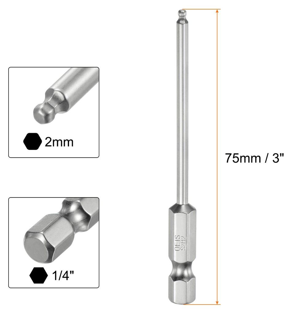 Kugelkopf Innensechskant Schraubendreher 2mm(H2,0) Sechskantschaft Ball End Hex 75mm Lange Magnetischen 1/4" S2 Legierter Stahl SchraubendreherBit...