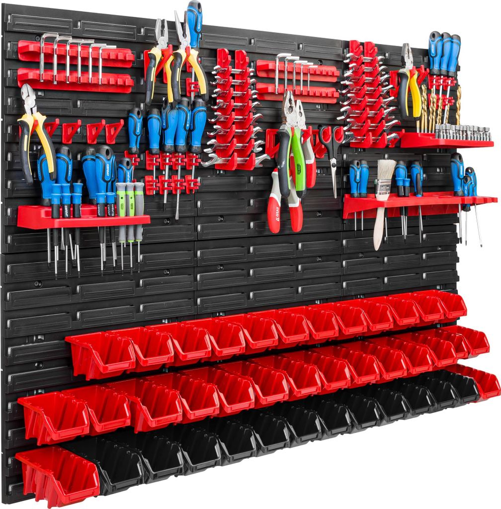 Lagersystem Werkstattregal | 117 x 78 cm | 40 stck. Box | Wandregal mit Werkzeughalterungen und Stapelboxen - Wandplatten Extra Starke Schüttenreg...