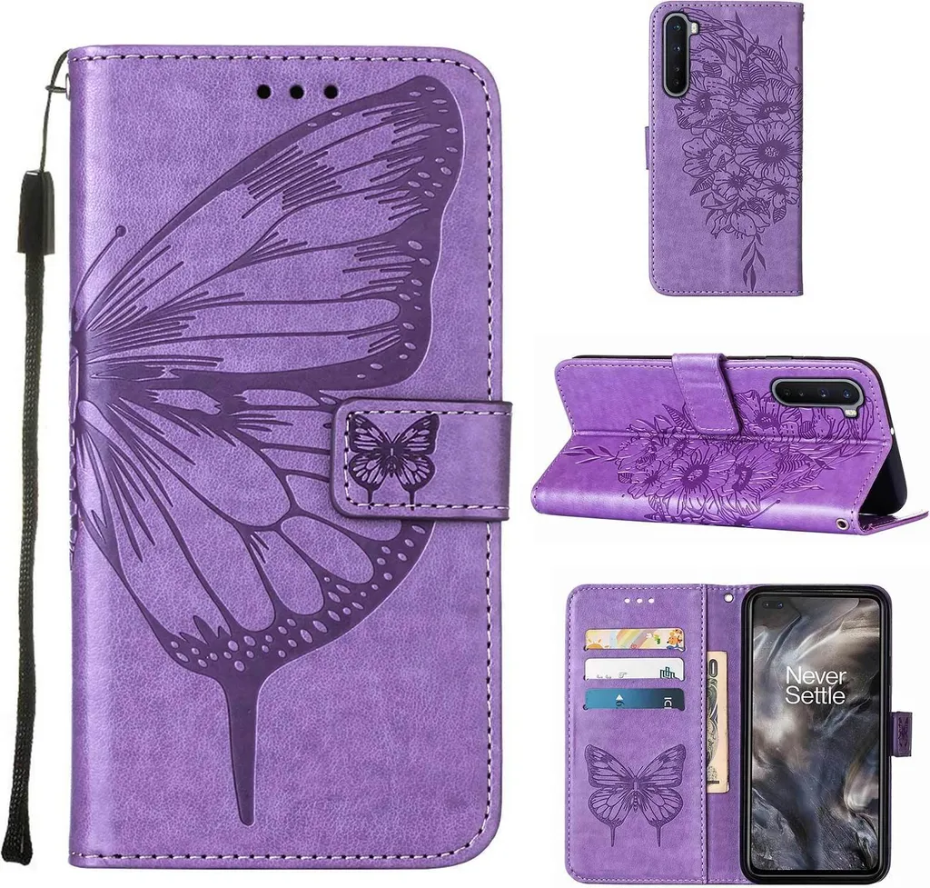 Custodia OnePlus Nord, Custodia in pelle Flip a rilievo farfalla con slot per schede e supporto per OnePlus Nord Viola
