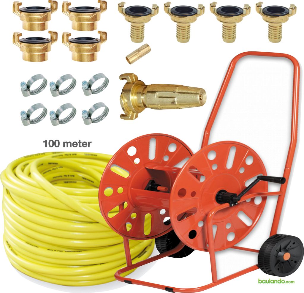Schlauchwagen PROFESSIONAL, 100m 3/4" Schlauch + Spritzdüse, Anschlüße